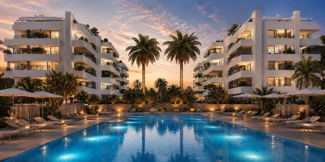 Proyecto residencial con piscina al atardecer